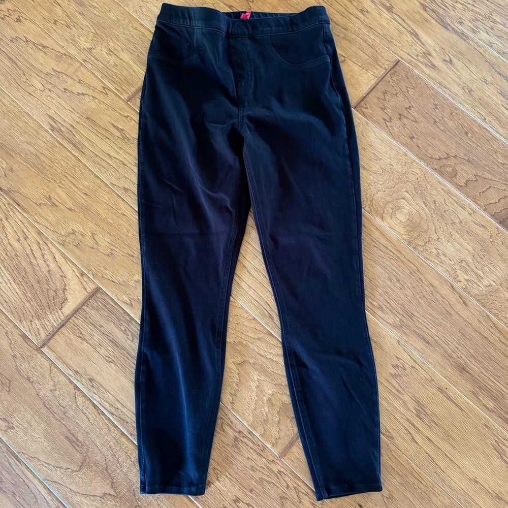 Spanx Pull On Skinny Denim Jeans Black Women’s Large Stretch Elastic Waist